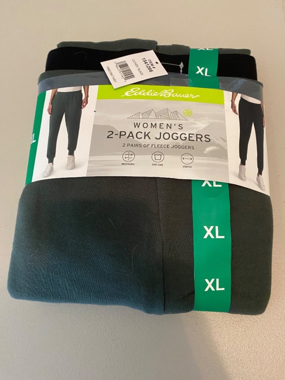 NWT 2 Pairs Eddie Bauer Black & Green Fleece Joggers Breathable Stretch XL